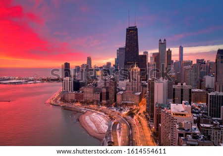 Chicago red sunrise aerial view of Gold Coast
