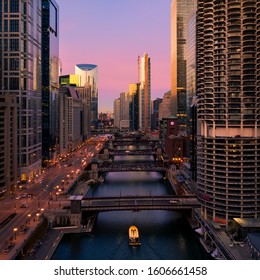 Chicago River Aerial At Sunset