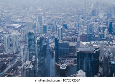 Chicago River Bifurcation From Elevated Position And Northern Downtown