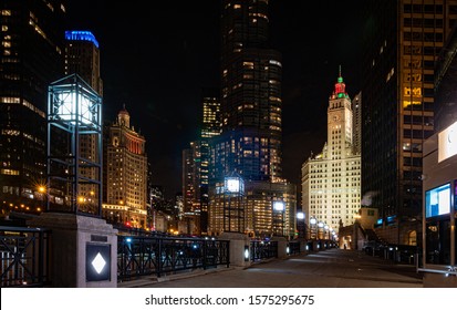 Chicago River Boardwalk And Skyline At Night. 