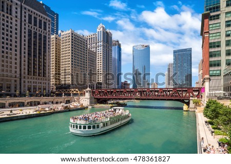 The Chicago River and downtown Chicago skyline USA