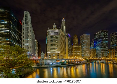 Chicago River Skyline With Urban Skyscrapers At Night, IL, USA