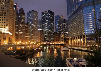 Chicago River View From The Bridge At Night