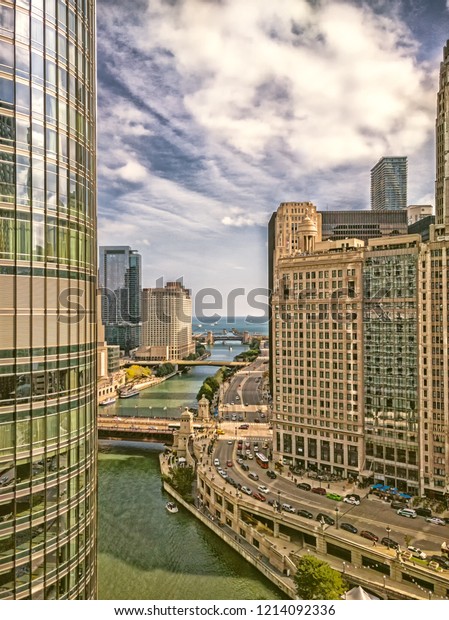 The Chicago River\
and Wacker Drive. Chicago, USA. Aerial scene of Chicago River\
leading to Lake Michigan.