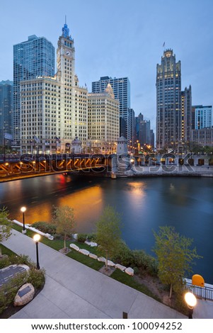Chicago Riverside. Image of the Chicago riverside downtown district during sunset blue hour.