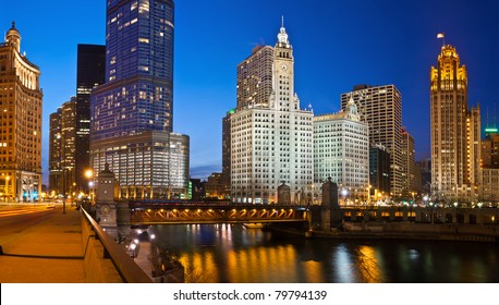 Chicago Riverside. Panoramic Image Of Chicago Downtown District At Twilight.