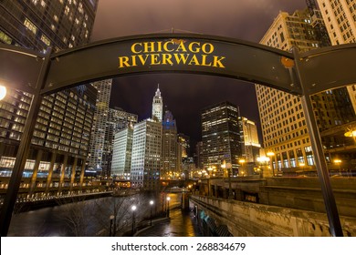 Chicago Riverwalk Sign At Twilight