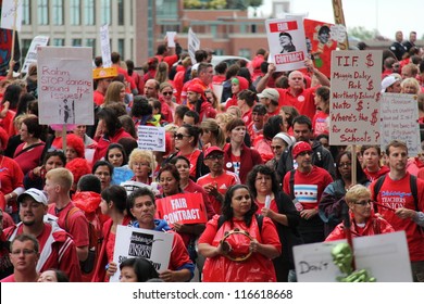 CHICAGO - SEP 13 2012: Teachers on strike and protesting in downtown Chicago, September 13, 2012.