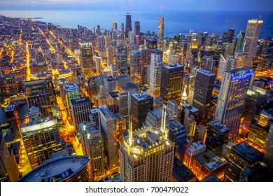 Chicago Skyline From Above During Bluehour From Skydeck Tower