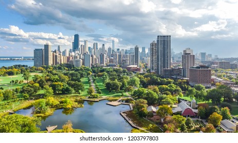 Chicago Skyline Aerial Drone View From Above, Lake Michigan And City Of Chicago Downtown Skyscrapers Cityscape From Lincoln Park, Illinois, USA