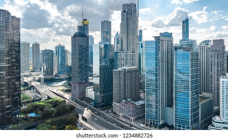 Chicago skyline aerial drone view from above, lake Michigan and city of Chicago downtown skyscrapers cityscape, Illinois, USA - Shutterstock ID 1234882726