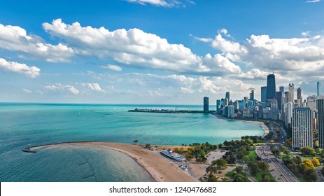 Chicago skyline aerial drone view from above, lake Michigan and city of Chicago downtown skyscrapers cityscape from Lincoln park, Illinois, USA - Shutterstock ID 1240476682