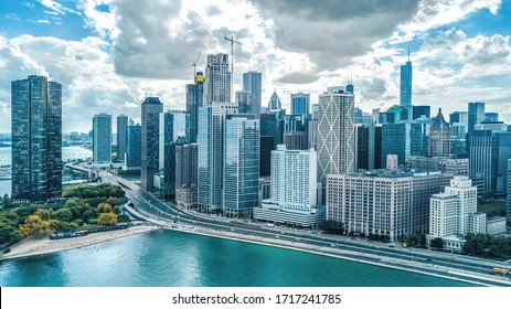 Chicago Skyline Aerial Drone View From Above, City Of Chicago Downtown Skyscrapers And Lake Michigan Cityscape, Illinois, USA
