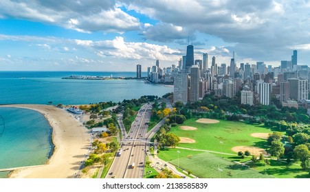 Chicago Skyline Aerial Drone View From Above, City Of Chicago Downtown Skyscrapers And Lake Michigan Cityscape, Illinois, USA