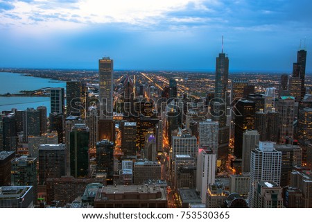 Chicago skyline aerial view at dusk, United States. Night Chicago aerial vew