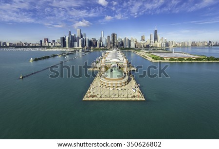 Chicago Skyline aerial view of Navy Pier