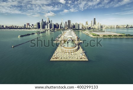 Chicago Skyline aerial view with Navy Pier, vintage colors