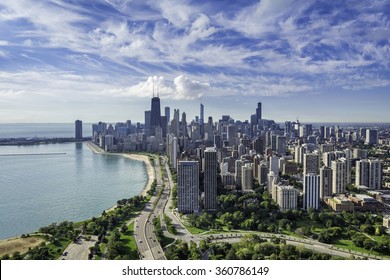 Chicago Skyline Aerial View With Road By The Beach