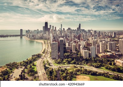 Chicago Skyline Aerial View With Road By The Beach, Vintage Colors