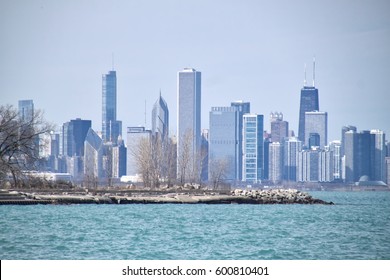 Chicago skyline along Lake Michigan lakefront seen from south side on a frigid winter morning of March