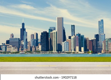 Chicago Skyline Alternative Side View With Road