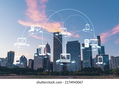 Chicago skyline from Butler Field to financial district skyscrapers at sunset, Illinois, USA. Parks and gardens. Social media hologram. Concept of networking and establishing new people connections - Shutterstock ID 2174943067