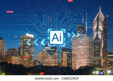 Chicago skyline from Butler Field to financial district skyscrapers, night time, Illinois, USA. Park, gardens. Artificial Intelligence concept. AI, business, machine learning, neural network, robotics