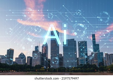 Chicago skyline from Butler Field to financial district skyscrapers at sunset, Illinois, USA. Parks, gardens. Artificial Intelligence concept. AI, business, machine learning, neural network, robotics