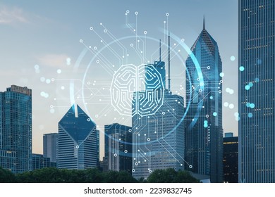 Chicago skyline from Butler Field to financial district skyscrapers at sunset, Illinois, USA. Parks, gardens. Artificial Intelligence concept. AI, business, machine learning, neural network, robotics