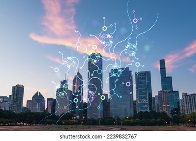 Chicago skyline from Butler Field to financial district skyscrapers at sunset, Illinois, USA. Parks, gardens. Artificial Intelligence concept. AI, business, machine learning, neural network, robotics