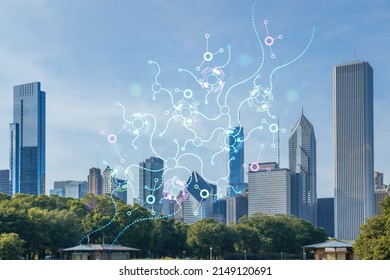 Chicago skyline, Butler Field towards financial district skyscrapers, day time, Illinois, USA. Parks and gardens. Artificial Intelligence concept. AI, machine learning, neural network, robotics