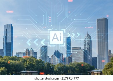 Chicago skyline, Butler Field towards financial district skyscrapers, day time, Illinois, USA. Parks and gardens. Artificial Intelligence concept. AI, machine learning, neural network, robotics