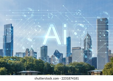 Chicago skyline, Butler Field towards financial district skyscrapers, day time, Illinois, USA. Parks and gardens. Artificial Intelligence concept. AI, machine learning, neural network, robotics