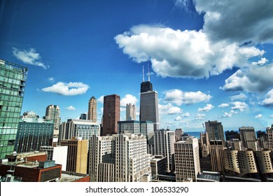 Chicago Skyline City View From Up High On Sunny Blue Sky Day With White Clouds