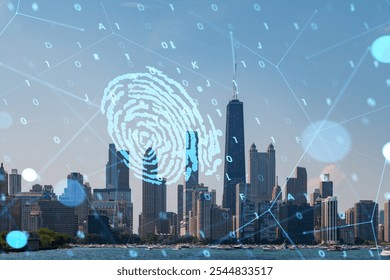 Chicago skyline with digital fingerprint overlay and binary code on a clear sky. Depicts cybersecurity and data protection concepts - Powered by Shutterstock