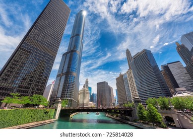 Chicago Skyline. Chicago Downtown And Chicago River With Bridges During Sunny Day.