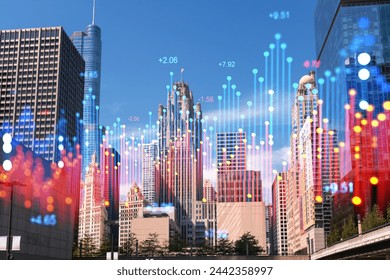 Chicago skyline with a hologram effect of financial data overlay, blue sky background. Technology and business concept. Double exposure - Powered by Shutterstock
