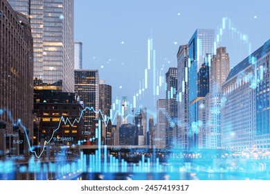 Chicago skyline with holographic financial data overlay, cityscape photo and technology concept on dusk background. Double exposure - Powered by Shutterstock