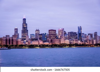 Chicago Skyline Illuminated At Night On A Fall Morning