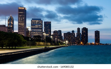 Chicago Skyline And Lake Shore Drive At Night