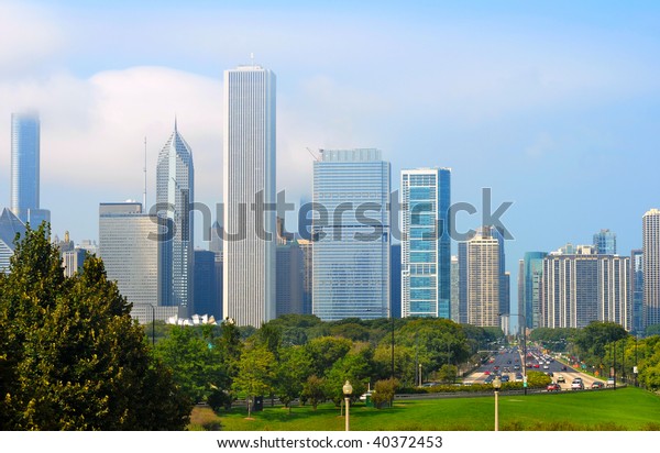 Chicago\
skyline looking north down Lake Shore\
Boulevard