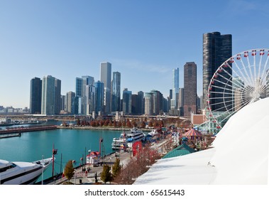 The Chicago Skyline And Navy Pier Along The Lake Shore