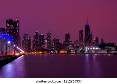 Chicago Skyline From The Navy Pier During Dusk Time