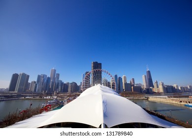 Chicago Skyline From Navy Pier In Winter, IL, USA