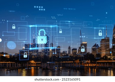 Chicago skyline at night with digital security padlocks and data graphics overlay. Modern technology, cybersecurity concept - Powered by Shutterstock