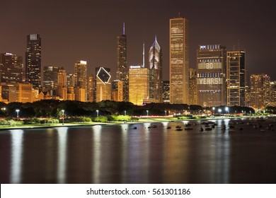 Chicago Skyline At Night Over Lake Michigan