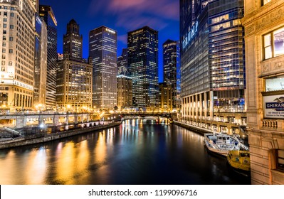 Chicago skyline at night, Chicago river north on Michigan avenue 