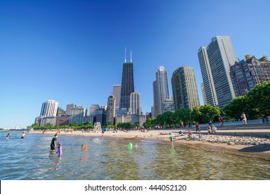 Chicago Skyline From North Avenue Beach With Blue Sky