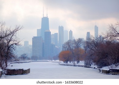 Chicago Skyline Over River At Winter