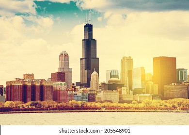 Chicago Skyline Panorama With Cloudy Sky